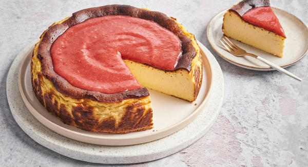 Cheesecake basque et son coulis fraise-rhubarbe